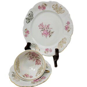 Bareuther Gilded Tea Trio 3-Piece Vintage 1931-1950 Pink Rose Pattern